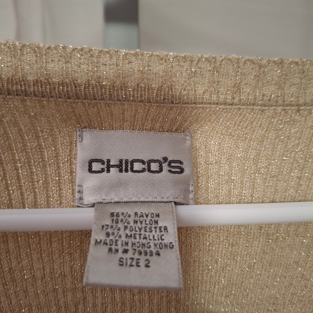 Chicos Gold Metallic Shimmer Ribbed Cardigan Sweater Size 2 Large V-Neck Sparkle - Picture 2 of 7